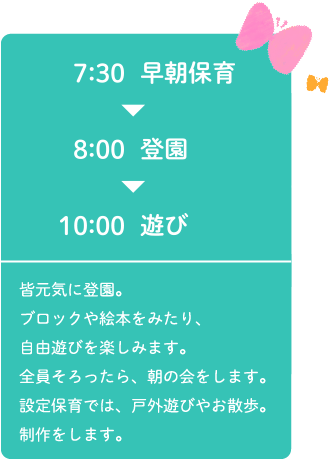 7:00早朝保育～8:00登園～10:00遊び 皆元気に登園。ブロックや絵本をみたり、自由遊びを楽しみます。全員そろったら、朝の会をします。設定保育では、戸外遊びやお散歩。制作をします。