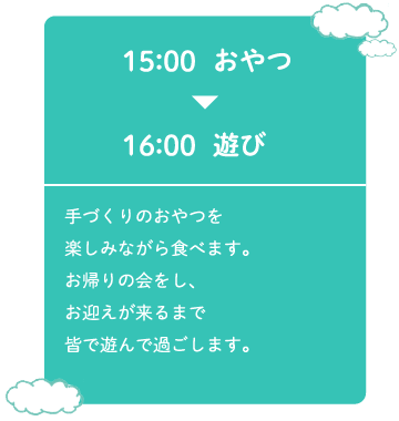 15:00おやつ～16:00遊び 手づくりのおやつを楽しみながら食べます。お帰りの会をし、お迎えが来るまで皆で遊んで過ごします。